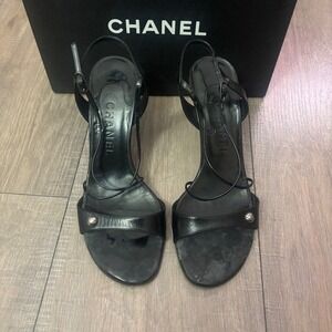 Chanel Vintage Black Leather Strappy Heels‎ Size 37.5